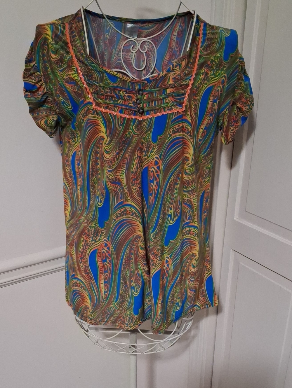 Paisley Print Short Sleeve Women's Top - Blue/Multi
